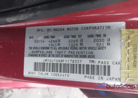 2015 Mazda Mazda6 I Sport z USA, uszkodzony, nr VIN JM1GJ1U68F1178337